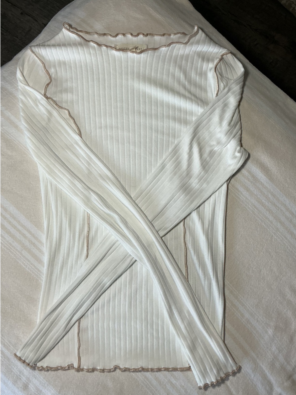Gilded Intent Cream Ribbed Long-Sleeve Top with Tan Lettuce-Edge Trim